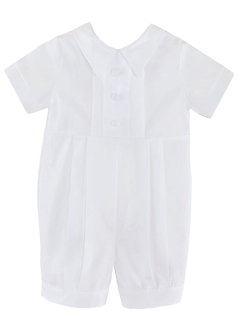 Baby Boys White Pleated Bodice Short Sleeve Baptism Romper Hat Set 0-24M - SophiasStyle.com